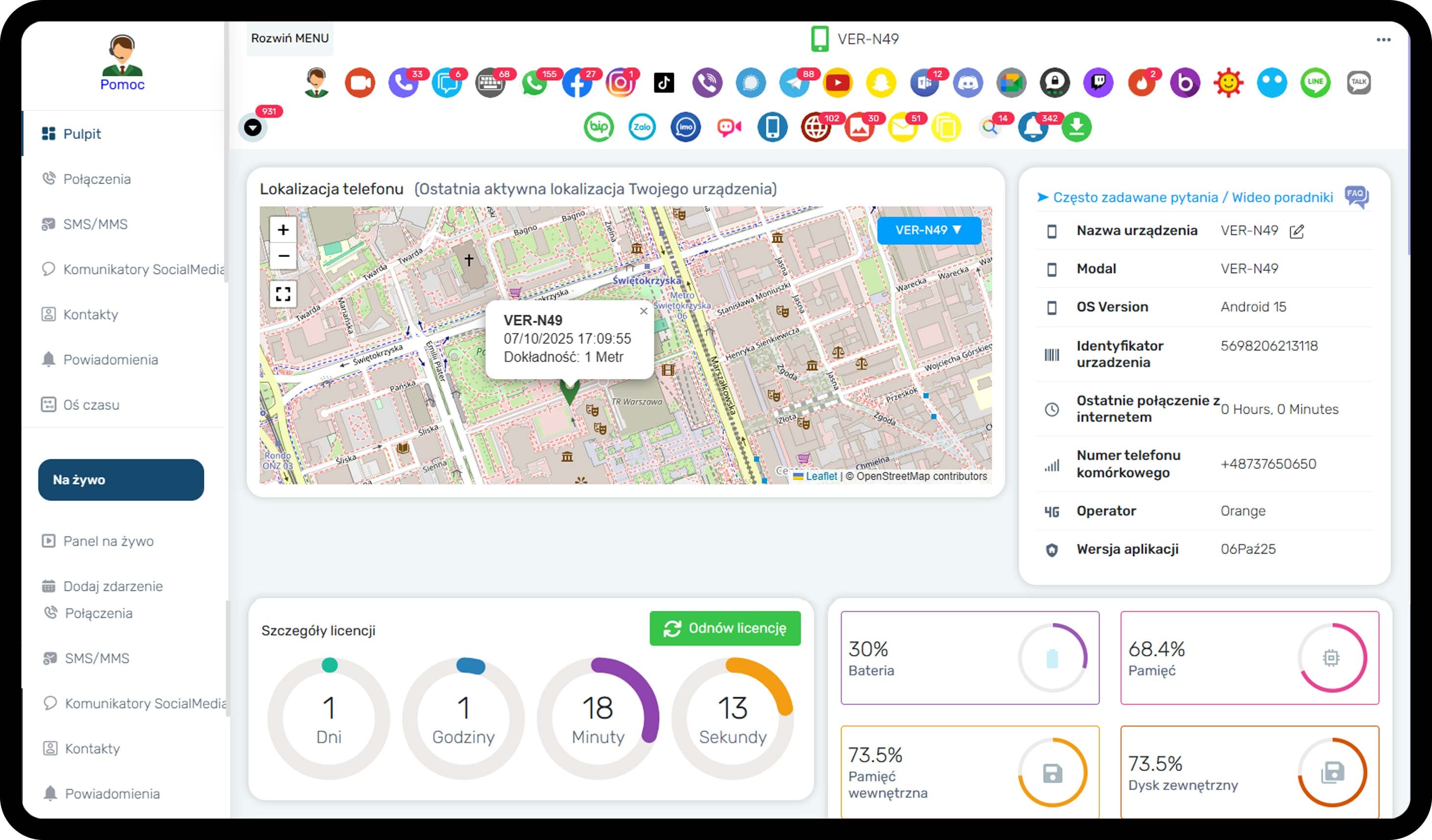 Panel monitoringu telefonu — lokalizacja GPS, informacje o urządzeniu, status licencji